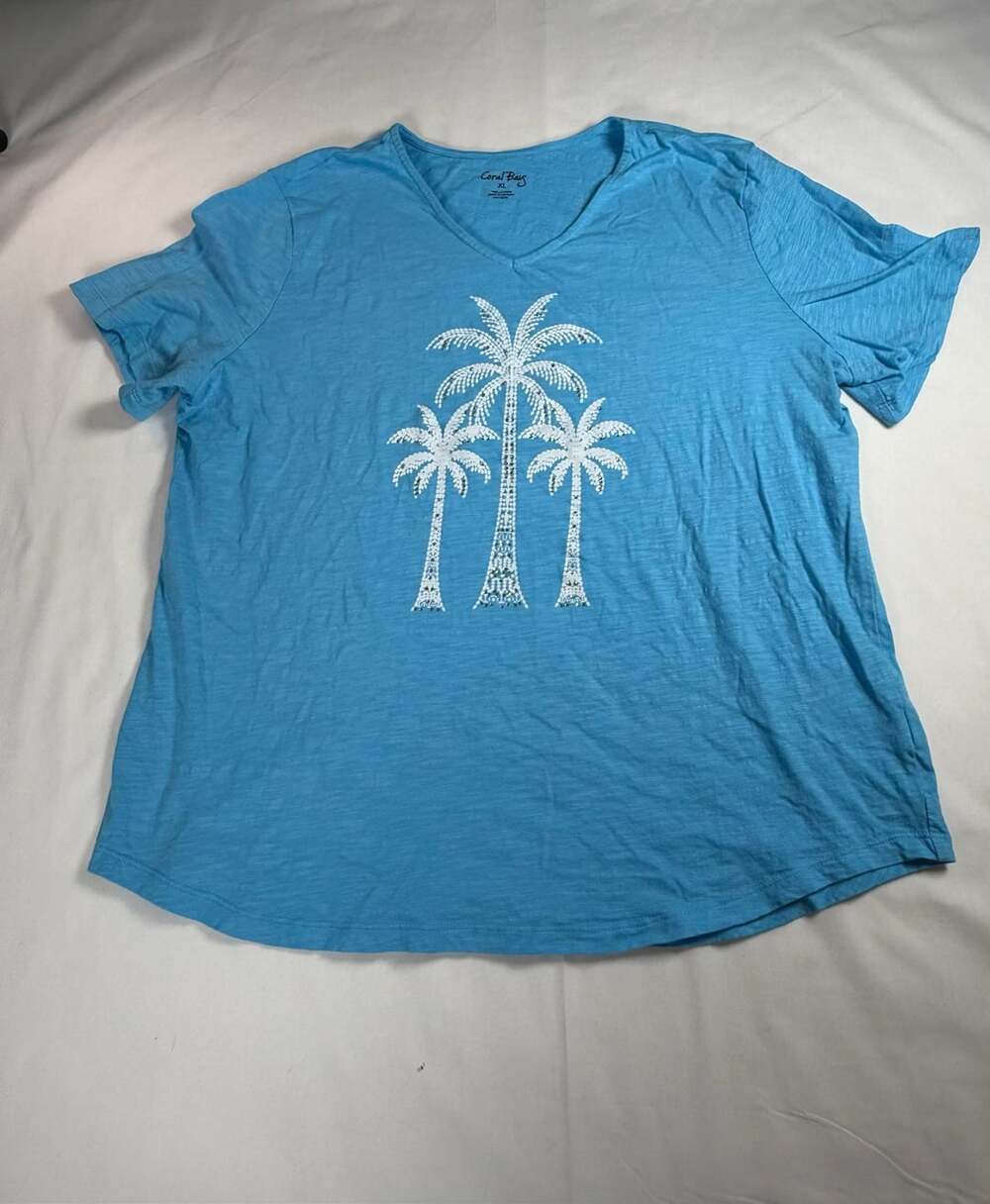 Coral Bay Palm Tree V-Neck T-Shirt Size XL Blue Cotton Rhinestone